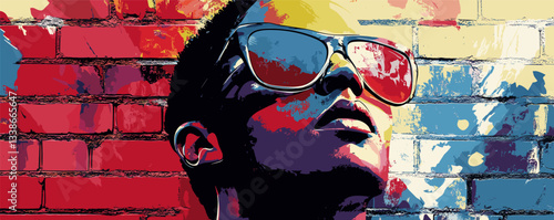 Vibrant pop art portrait of a young man with sunglasses against a colorful brick wall.
