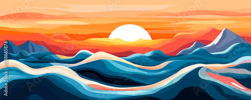 Vibrant sunset over abstract mountainous landscape with colorful waves and sky.