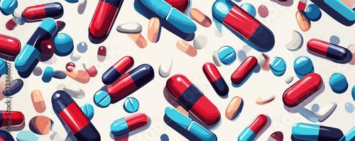 Colorful array of capsules and tablets on light background.