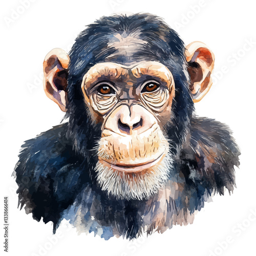 A watercolor vector painting of a chimpanzee, isolated on a white background.

