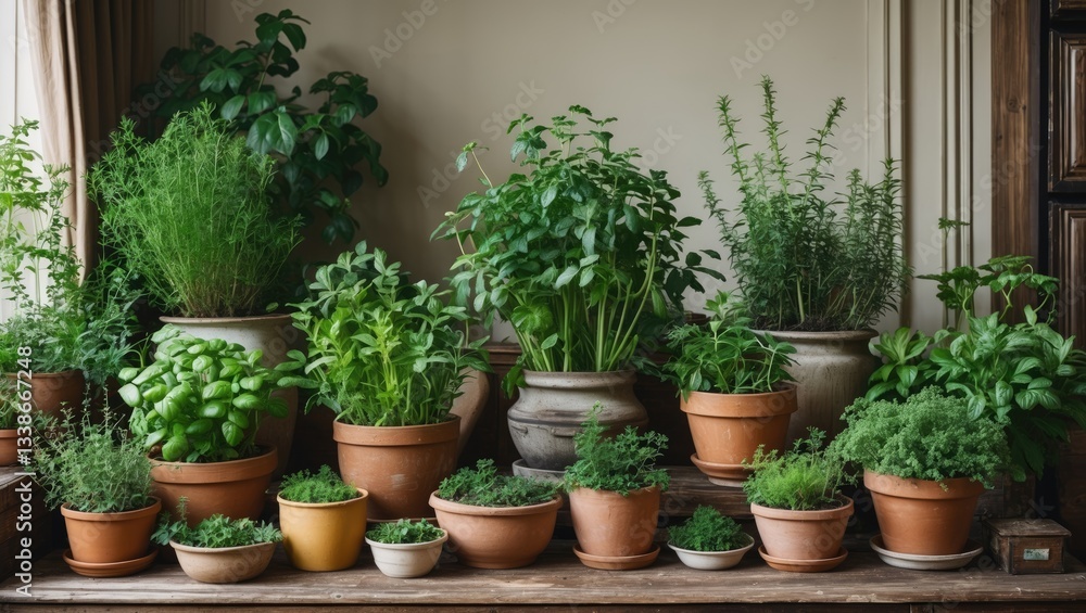 Fototapeta premium Lush green potted herbs displayed on a wooden table in a bright room with natural light, featuring various terracotta and ceramic pots.
