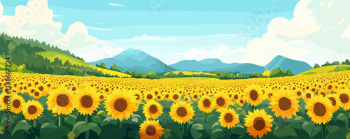 Vibrant sunflower field under clear blue sky with mountain views.