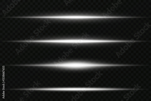 Neon white horizontal lines. Laser lines of light.Vector illustration.EPS 10.On a transparent background.