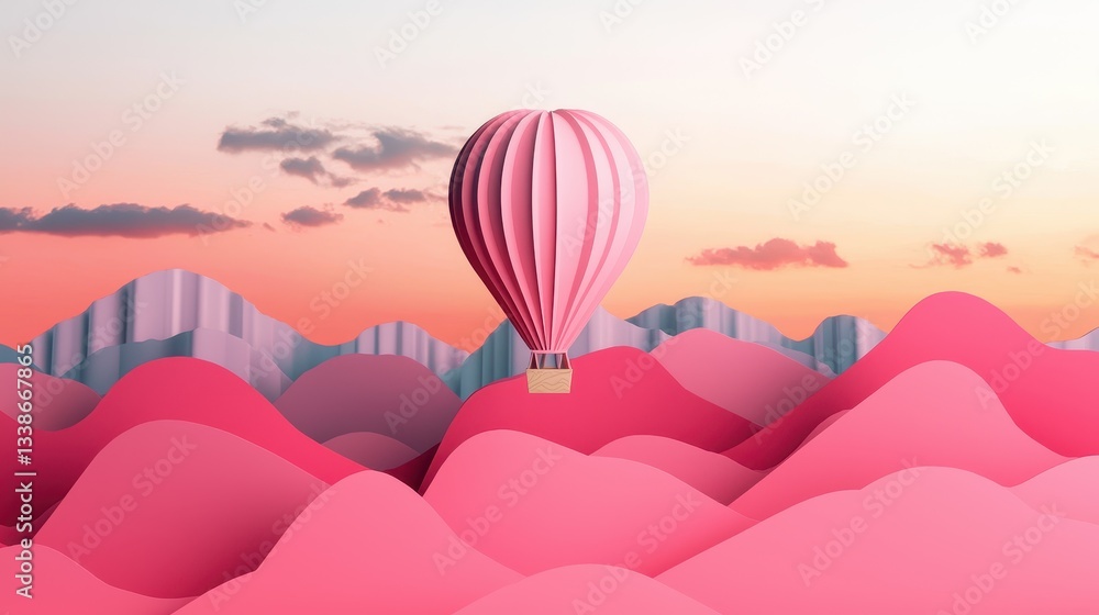 Obraz premium Dreamy hot air balloon floating over pink hills during sunset, beautiful surreal landscape, pastel colors in sky