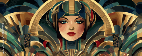 Art deco style portrait of a woman with geometric patterns and rich colors.