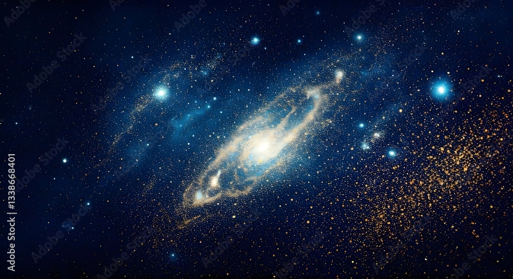 Fototapeta premium A cosmic-inspired glitter galaxy with deep blues and sparkling gold dust, Ai Generated