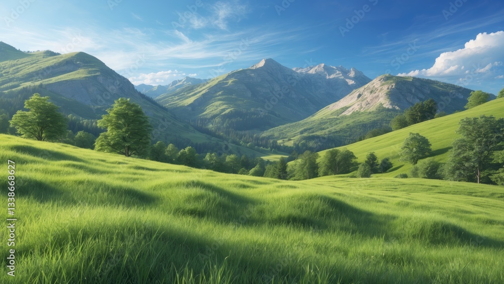 Obraz premium Lush green rolling hills under a bright blue sky with distant snow-capped mountains in a tranquil summer landscape setting.