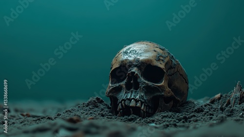 A haunting image of a skull partially buried in the ocean floor, evoking themes of mortality, mystery, and the passage of time through its dark and intriguing presence. photo
