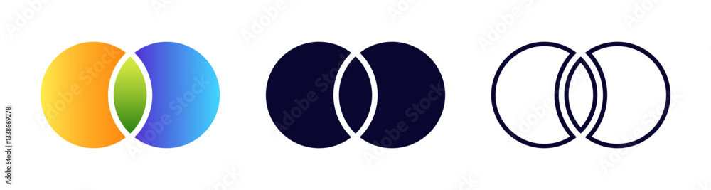 Three venn diagram icons in colorful gradient and outline styles showcasing different design concepts. Three venn diagram icons in colorful gradient and outline styles showcasing different design concepts.