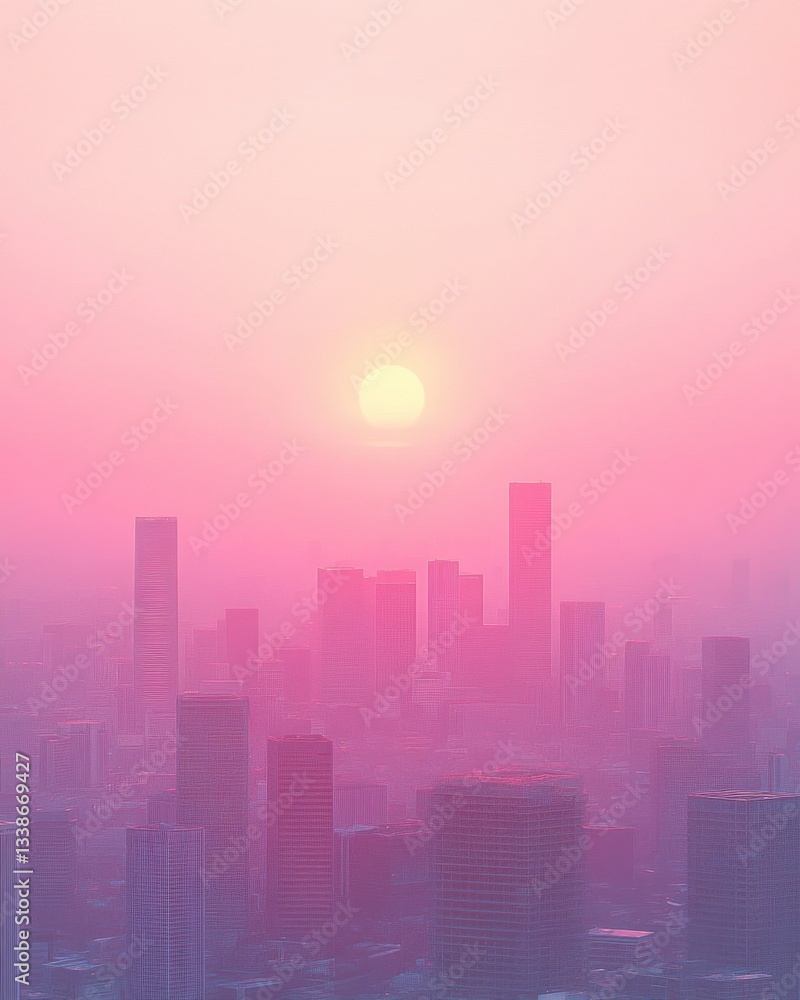 Fototapeta premium Serene cityscape bathed in soft pink hues at sunrise creating a tranquil urban vista with modern architecture and hazy atmosphere