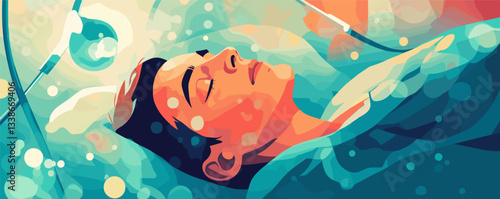 Peaceful man resting in hospital bed surrounded by calming abstract colors.