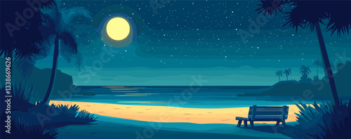 Tranquil night beach scene with moonlit sky, starry night, and palm trees.