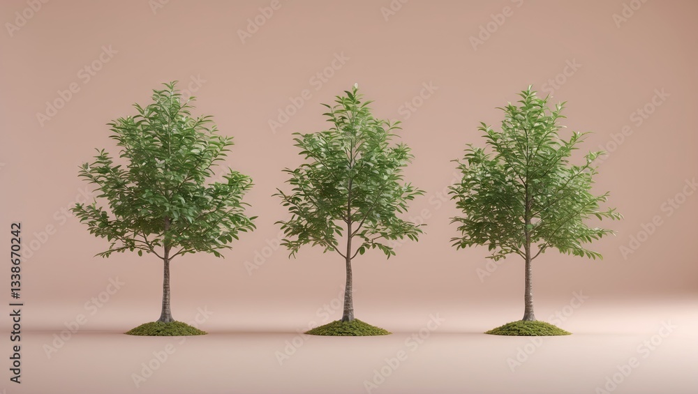 Fototapeta premium Three small green trees lined up in a row on a soft pastel beige background representing growth and harmony in nature.