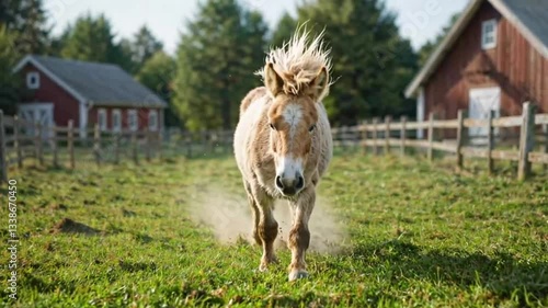 Graceful Shetland Pony trots through a sunlit pasture, its silky mane flowing in the breeze against a picturesque countryside backdrop.
