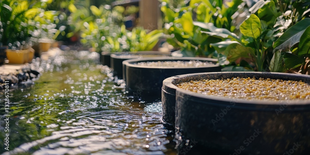 Fototapeta premium Tranquil water flow garden oasis nature photography close-up view