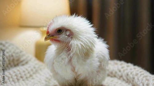 Adorably fluffy Silkie Chicken resting peacefully on a soft knitted blanket, illuminated by warm cozy lighting.