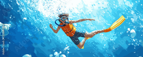 Young man snorkeling underwater with orange vest and fins in crystal blue ocean.