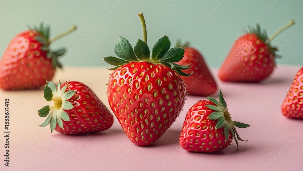 Fresh strawberries arranged on a soft pastel backdrop showcasing vibrant red hues with green leaves in a balanced composition. Fresh strawberries arranged on a soft pastel backdrop showcasing vibrant red hues with green leaves in a balanced composition.