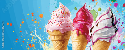 Colorful ice cream cones with paint splashes on bright blue background.