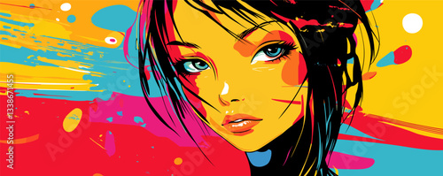 Colorful abstract portrait of a young woman with vibrant background in modern art style.