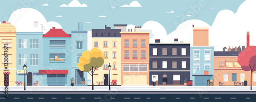 Charming urban street scene with colorful buildings and autumn trees in flat design style.