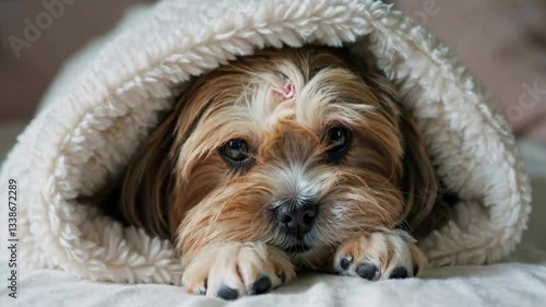 Adorable Shih Tzu puppy wrapped in a soft baby blanket, sleepily snuggling in with a tiny yawn. A dreamy, cozy bedtime aesthetic with pastel tones.