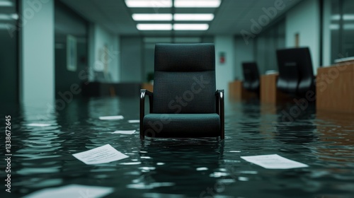 Flooded office space with an empty chair in water creating a surreal and abandoned atmosphere in the workplace