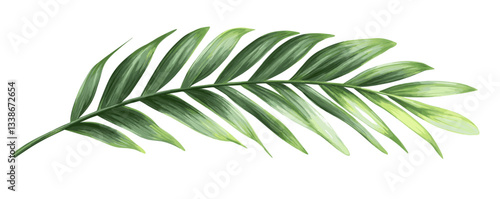 Detailed close-up of a vibrant green palm leaf on a white background.