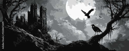 Spooky castle at night with full moon, crows, and gnarled trees in haunted landscape.