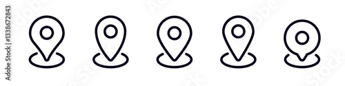 Five similar location pins in a straight line for indicating positions in navigation applications.