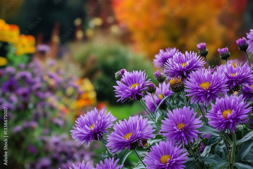 Obraz premium Colorful Asters Bloom Amidst Vibrant Autumn Foliage in a Garden Setting Generative AI