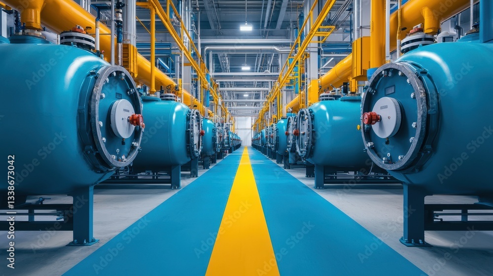 Fototapeta premium Industrial facility with blue pipes and yellow lines in a modern manufacturing setting with advanced machinery and systems