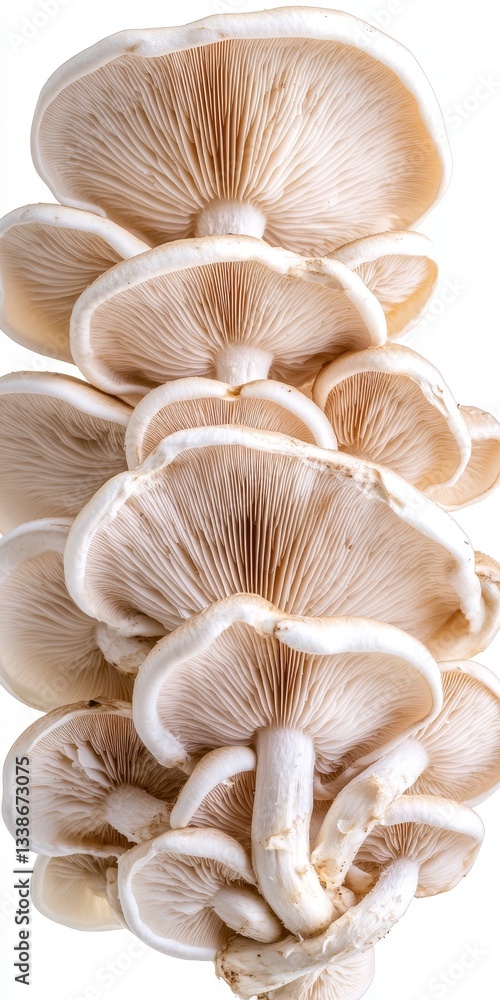 Close-Up of Fresh Oyster Mushrooms, Isolated on a White Background, Showing Intricate Detail Close-Up of Fresh Oyster Mushrooms, Isolated on a White Background, Showing Intricate Detail