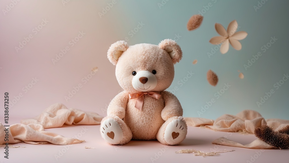 Obraz premium Cozy soft teddy bear in pale pink and blue pastel background with delicate flower petals surrounding it, creating a serene and playful atmosphere