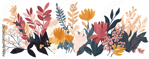 Colorful floral arrangement with various flowers and leaves in elegant design.