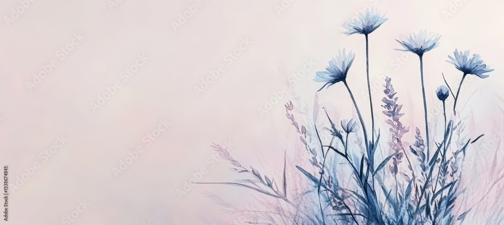 Obraz premium Ethereal Floral Composition Lavender And Blush Watercolor Background With Delicate Blue Flowers