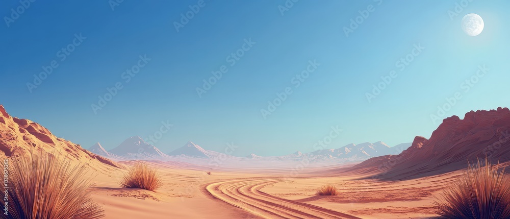 Naklejka premium Serene Desert Landscape with Blue Sky and Distant Mountains