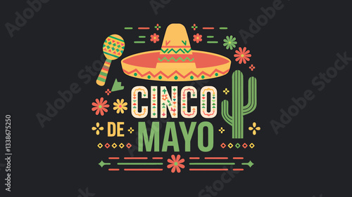 Cinco de Mayo Vector Illustration – Mexican Festival Design with Sombrero, Cactus, Maracas, and Decorative Elements, Traditional Celebration, Festive Typography, Cultural Holiday, Party Invitation