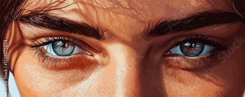 Intense blue eyes staring with thick eyebrows and detailed skin texture in close-up view.