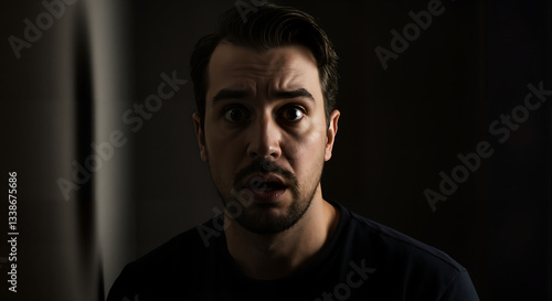  man with startled expression and defensive posture displays unmistakable fear in a tense moment.