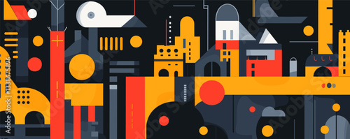 Abstract geometric cityscape with bold colors and modern architecture elements at night.