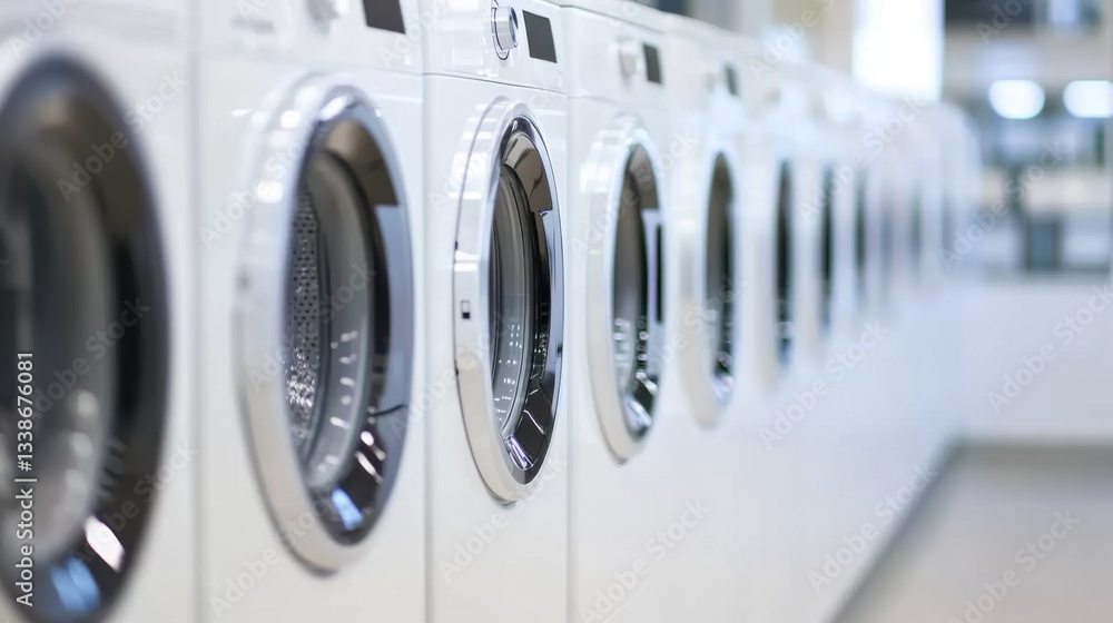 Modern self service laundry shop with sleek white washing machines lined up in bright, clean environment, creating welcoming atmosphere for customers Modern self service laundry shop with sleek white washing machines lined up in bright, clean environment, creating welcoming atmosphere for customers