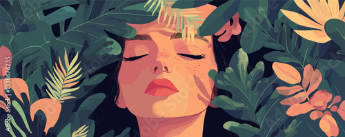 Serene woman among lush tropical leaves with closed eyes in artistic illustration.