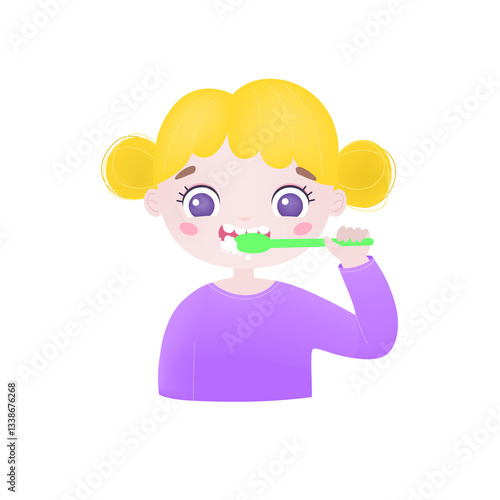 Little cute girl brushing teeth. Flat illustration isolated on white background