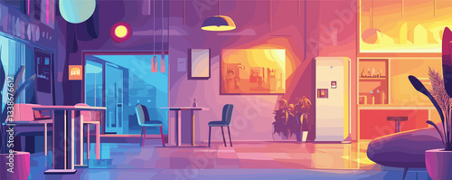 Cozy modern café interior with colorful lighting and seating area.