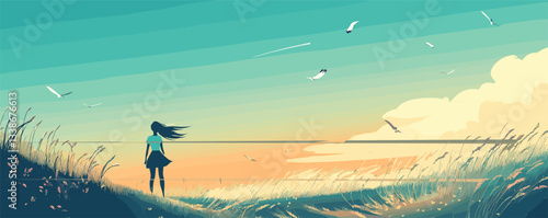 Silhouette of a woman in a field at sunset with birds in the sky.