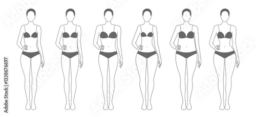 Five types of women’s body shapes: hourglass, pear, rectangle, apple, and inverted triangle. Female figures template for fashion, beauty, clothing, and fitness use. Vector line sketch illustration