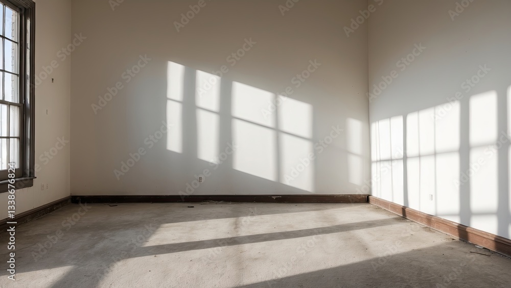 Bright vacant room featuring soft shadows cast by large windows on a clean white wall, neutral tones with beige carpet and wooden accents. Bright vacant room featuring soft shadows cast by large windows on a clean white wall, neutral tones with beige carpet and wooden accents.