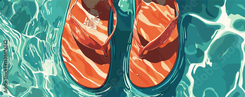 Colorful flip-flops on turquoise water with sunlight reflections in summer vibe.