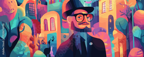 Colorful abstract art featuring a man in hat and glasses in vibrant urban landscape.